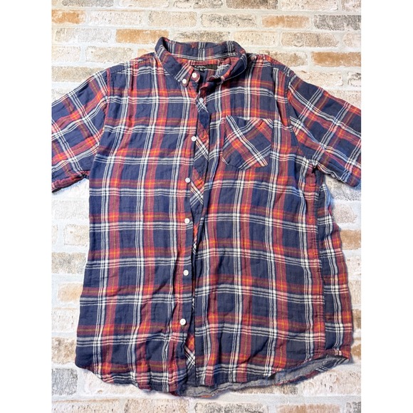 Carbon Other - Carbon Mens XL Short Sleeve Plaid Button Down Shirt Navy Blue Red Cotton Casual